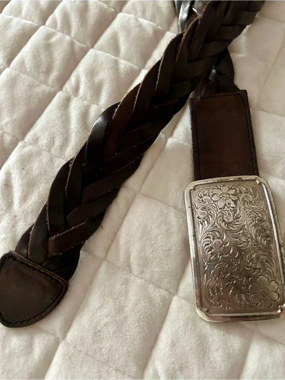 90s Y2K Braided Woven Brown Leather Chunky Belt w/ Silver Floral Engraved Buckle